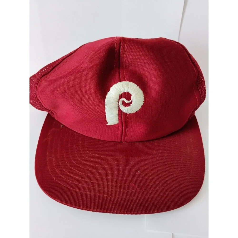 Vintage 80s Philadelphia Phillies Trucker Hat Maroon Mesh Broken Snap AS-IS